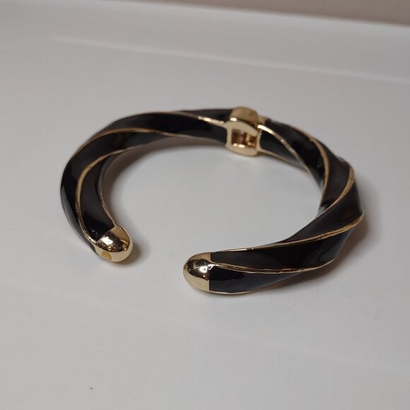 6.75 Inch Black And Gold Tone Twisted Hinged Cuff Bracelet - Picture 1 of 7